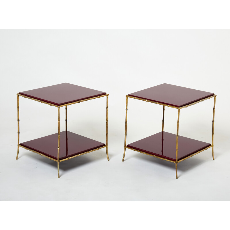 Pair of vintage bamboo and red lacquered brass side tables by Maison Baguès, 1960