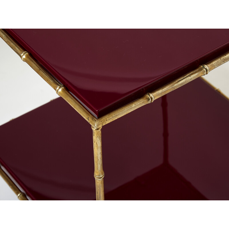 Paire de table d'appoints vintage en bambou et laiton laque rouge par la Maison Baguès, 1960