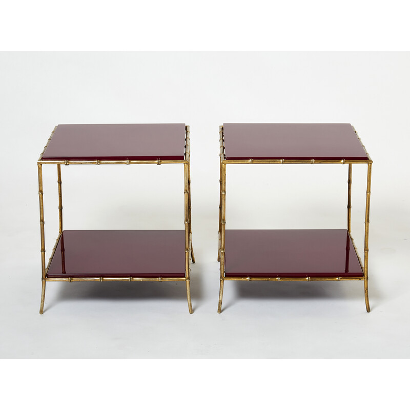 Pair of vintage bamboo and red lacquered brass side tables by Maison Baguès, 1960