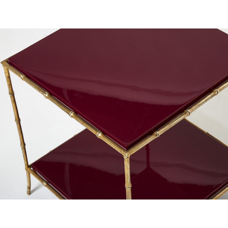 Pair of vintage bamboo and red lacquered brass side tables by Maison Baguès, 1960