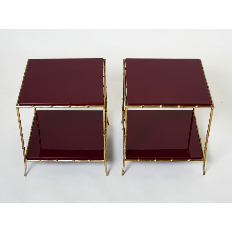 Par de bambu vintage e mesas laterais de latão envernizado vermelho por Maison Baguès, 1960