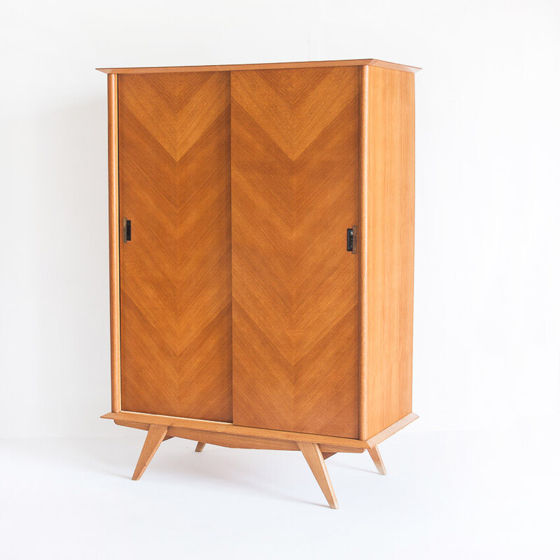 Vintage sliding door cabinet in oakwood, France 1960