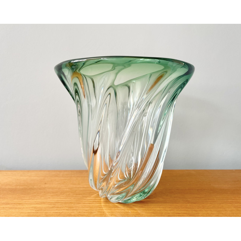 Vaso vintage in vetro verde di Val St Lambert, Belgio 1960