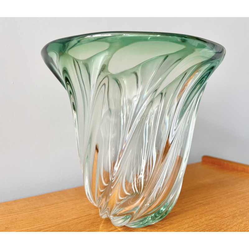 Vaso vintage in vetro verde di Val St Lambert, Belgio 1960