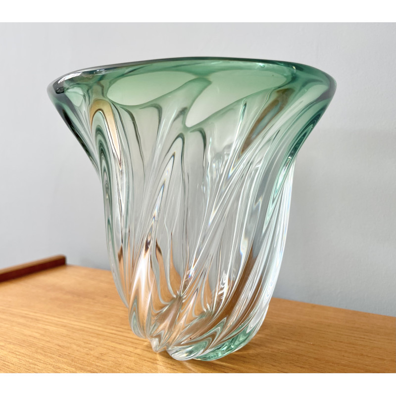 Vase vintage en verre vert par Val St Lambert, Belgique 1960