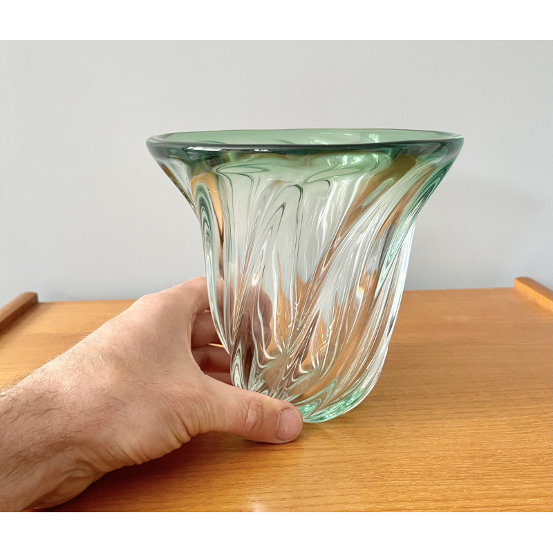 Jarrón de cristal verde vintage de Val St Lambert, Bélgica 1960