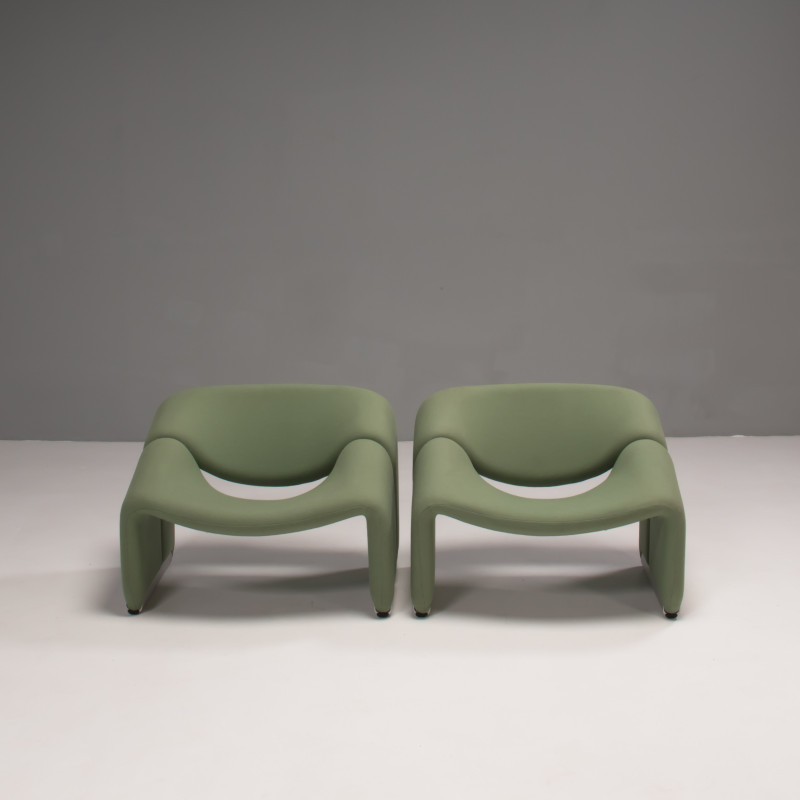 Pair of vintage pale green fabric F598 Groovy armchair by Pierre Paulin for Artifort