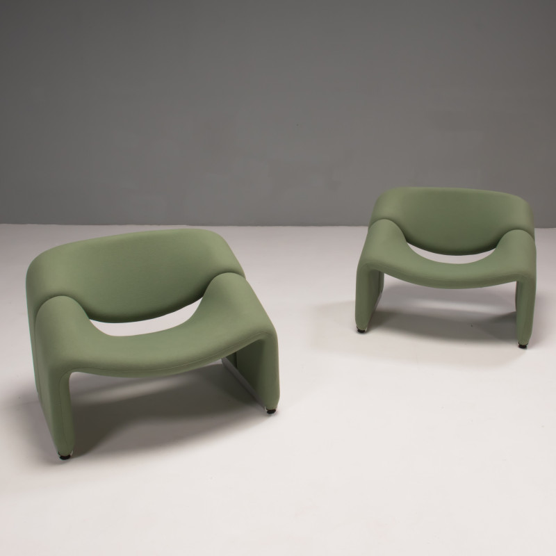 Pair of vintage pale green fabric F598 Groovy armchair by Pierre Paulin for Artifort