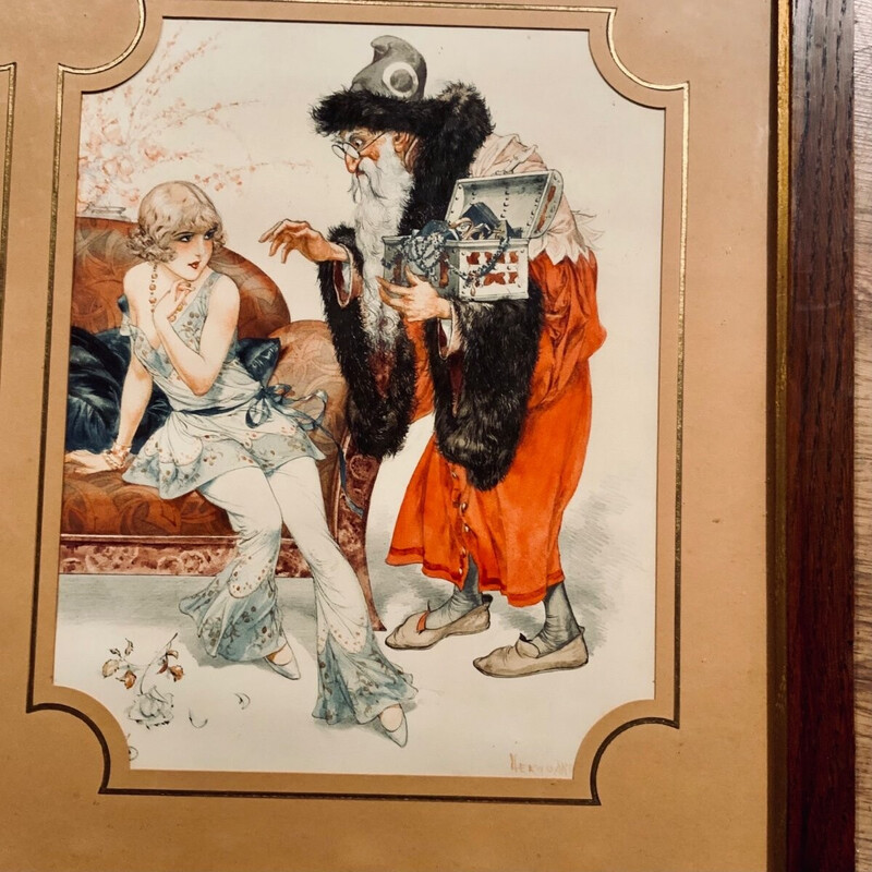 Vintage Aquarell mit der Darstellung "Eine satirische Galante Szene" von Cheri Hérouard