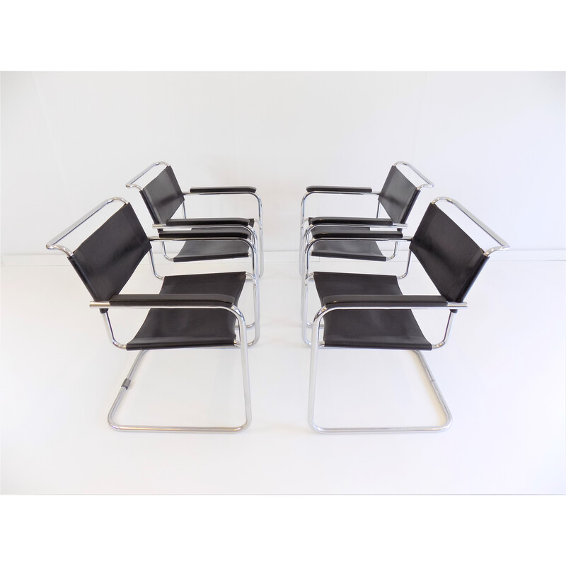 Conjunto de 4 cadeiras cantilever Thonet S34 vintage em couro de Mart Stam