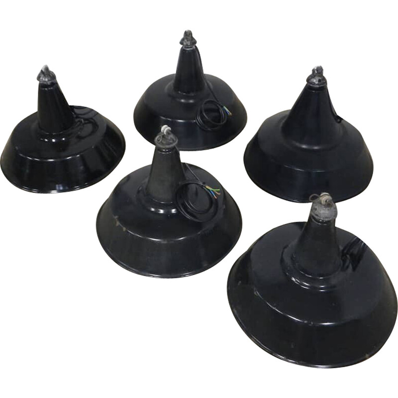 Set of 5 vintage black metal with white interior lamps