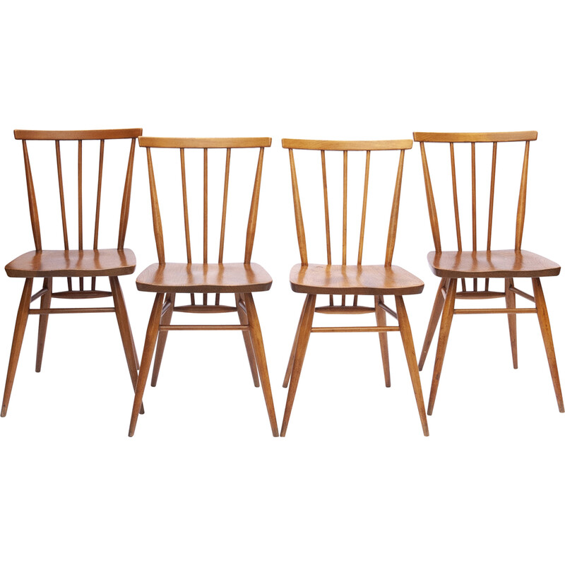 Set of 4 vintage beechwood and elmwood 391 Stick back chairs by Ercol, 1960s