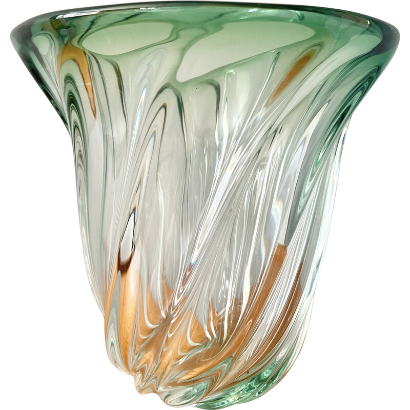 Vintage green glass vase by Val St Lambert, Belgium 1960s