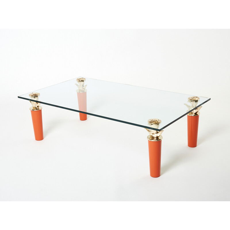 Table basse vintage en bronze laqué orange et verre par Garouste et Bonetti, 1995