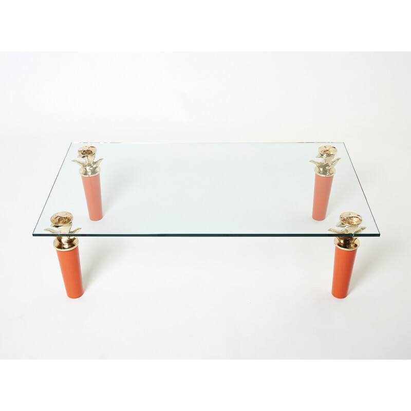 Table basse vintage en bronze laqué orange et verre par Garouste et Bonetti, 1995