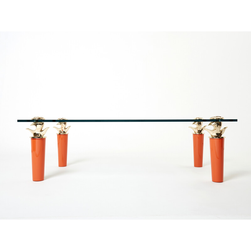 Vintage coffee table in orange lacquered bronze and glass by Garouste and Bonetti, 1995