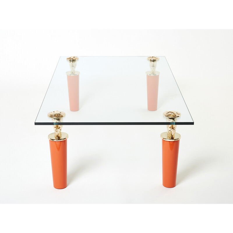 Table basse vintage en bronze laqué orange et verre par Garouste et Bonetti, 1995