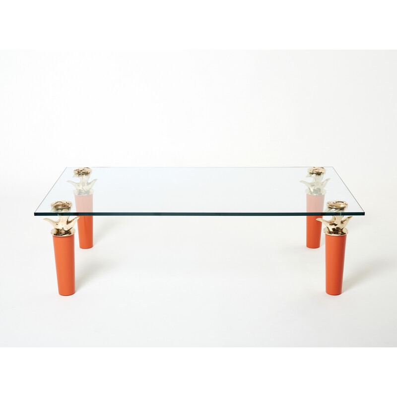 Vintage Couchtisch aus orangefarben lackierter Bronze und Glas von Garouste und Bonetti, 1995