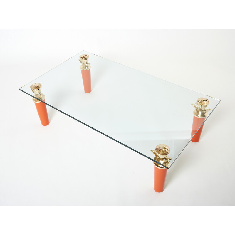 Vintage salontafel in oranje gelakt brons en glas van Garouste en Bonetti, 1995