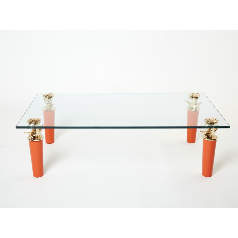 Table basse vintage en bronze laqué orange et verre par Garouste et Bonetti, 1995