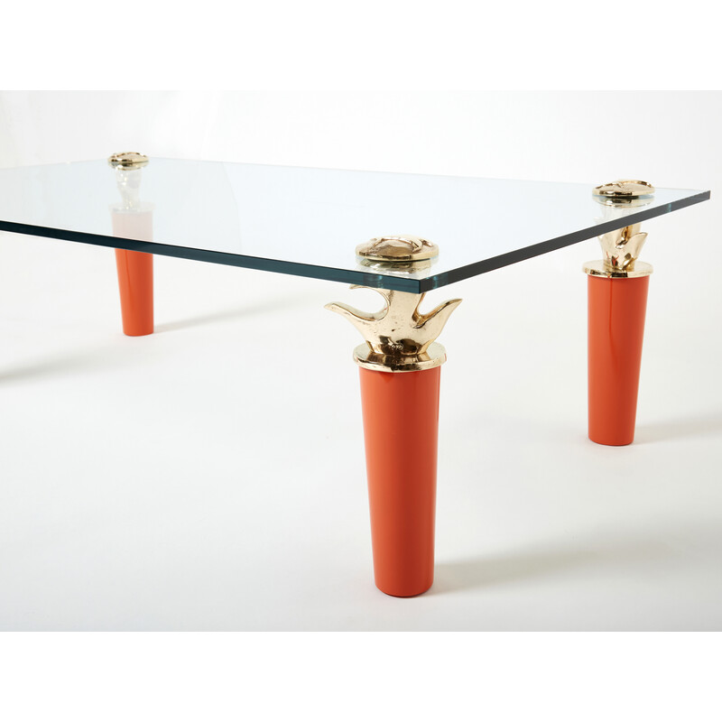 Vintage coffee table in orange lacquered bronze and glass by Garouste and Bonetti, 1995