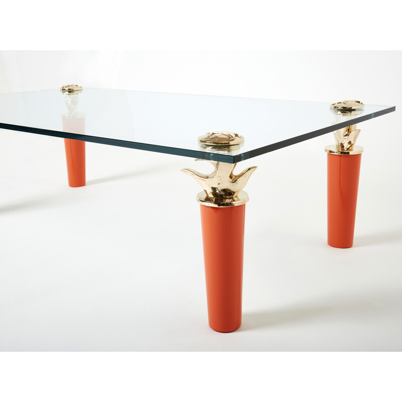 Vintage Couchtisch aus orangefarben lackierter Bronze und Glas von Garouste und Bonetti, 1995