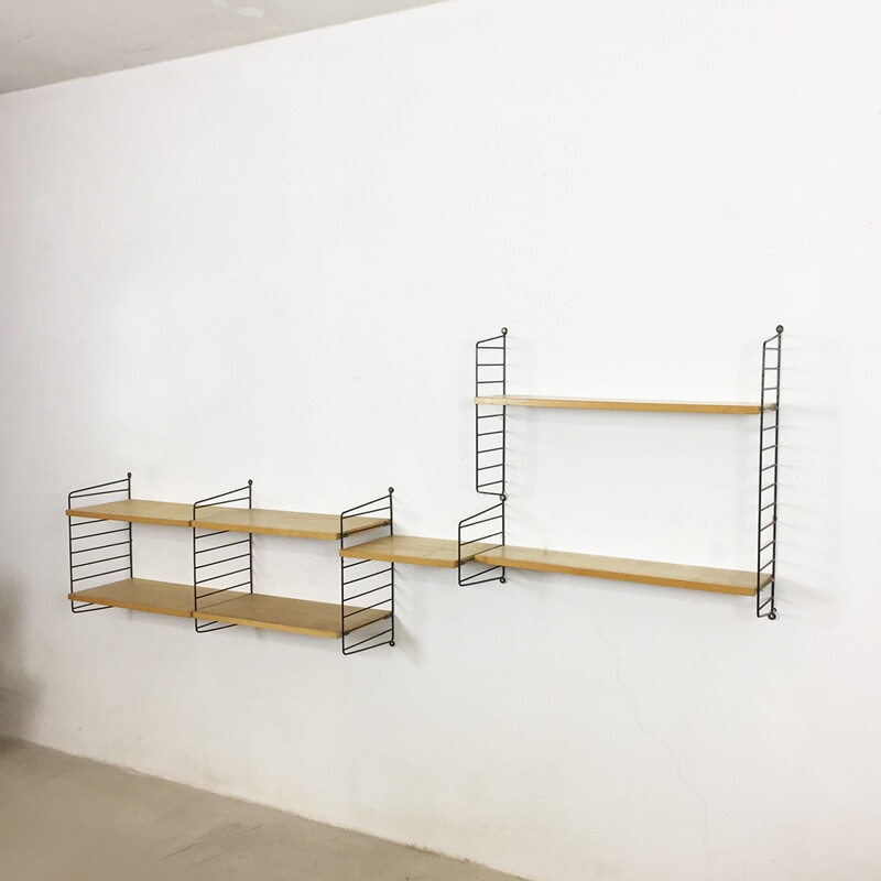 String Furniture ash wall unit with 4 modules and 7 shelves, Nisse STRINNING - 1970s