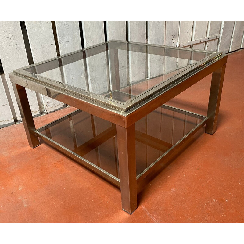Table basse vintage en acier chromé et verre