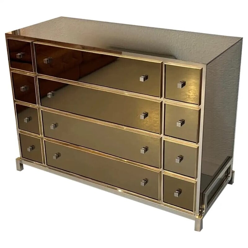 Vintage mirror and brass chest of drawers by Michel Pigneres, France 1970