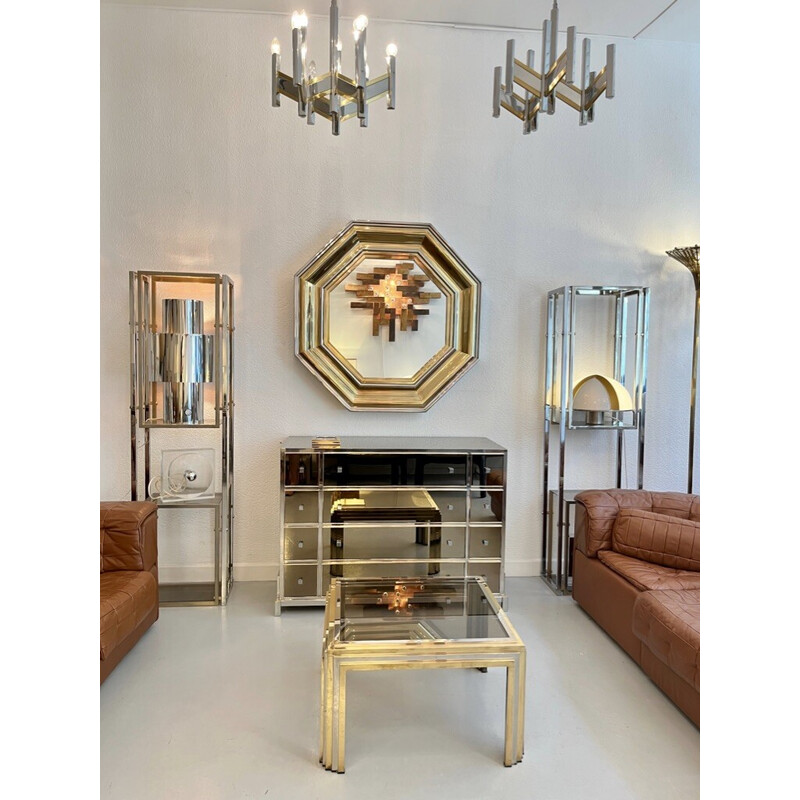 Vintage mirror and brass chest of drawers by Michel Pigneres, France 1970