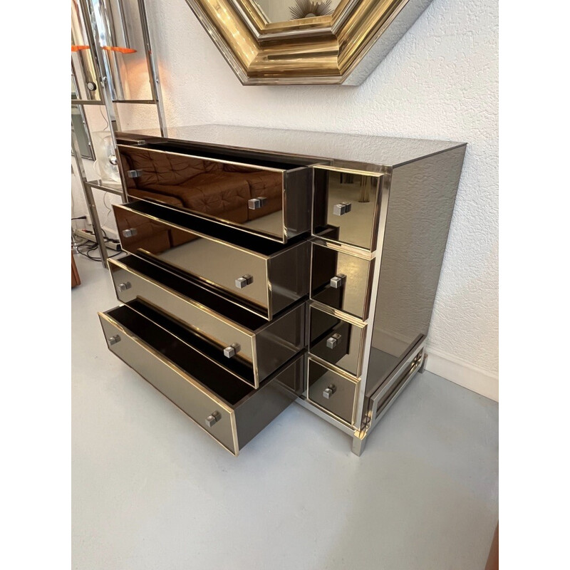 Vintage mirror and brass chest of drawers by Michel Pigneres, France 1970