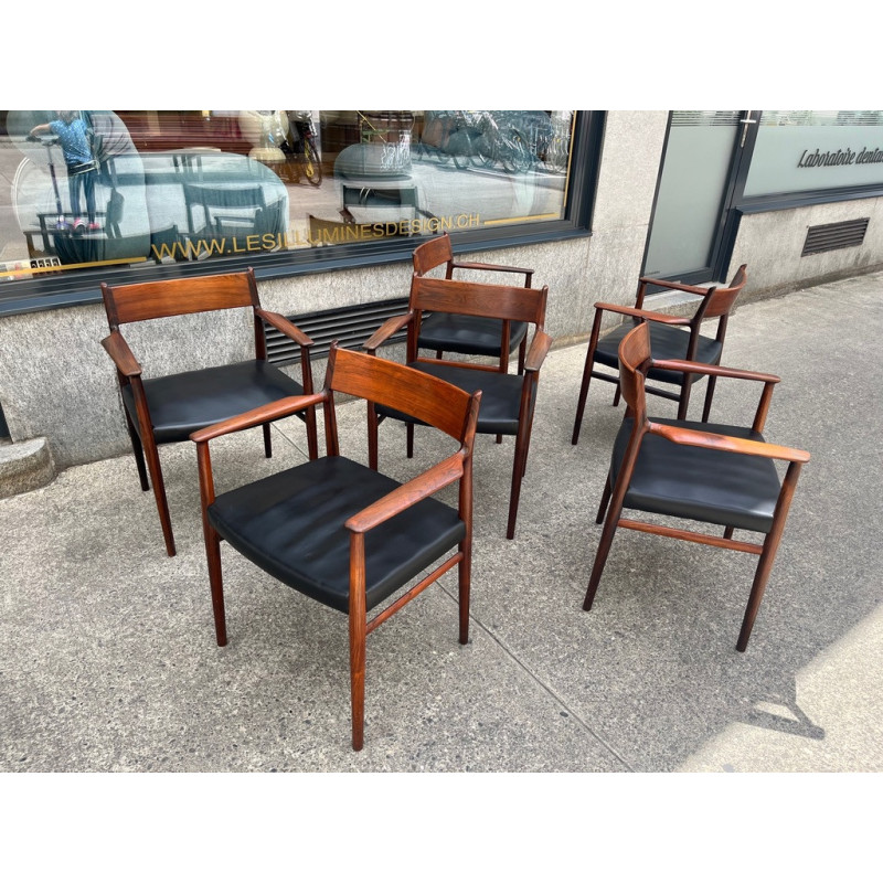 Lot de 6 fauteuils vintage en palissandre et cuir par Arne Vodder pour Sibast, 1950