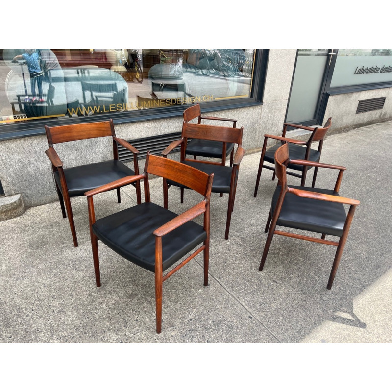 Set di 6 poltrone vintage in palissandro e pelle di Arne Vodder per Sibast, 1950