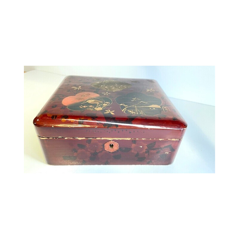 Caja japonesa vintage de madera lacada pintada a mano