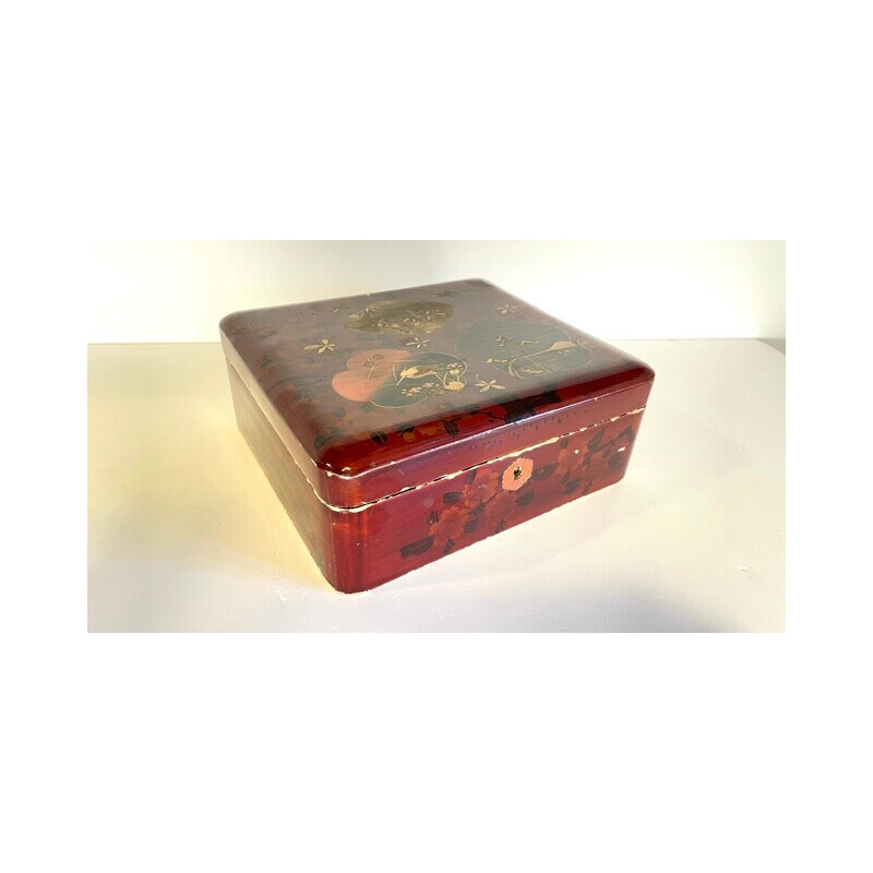 Japanische Vintage-Box aus lackiertem Holz, handbemalt