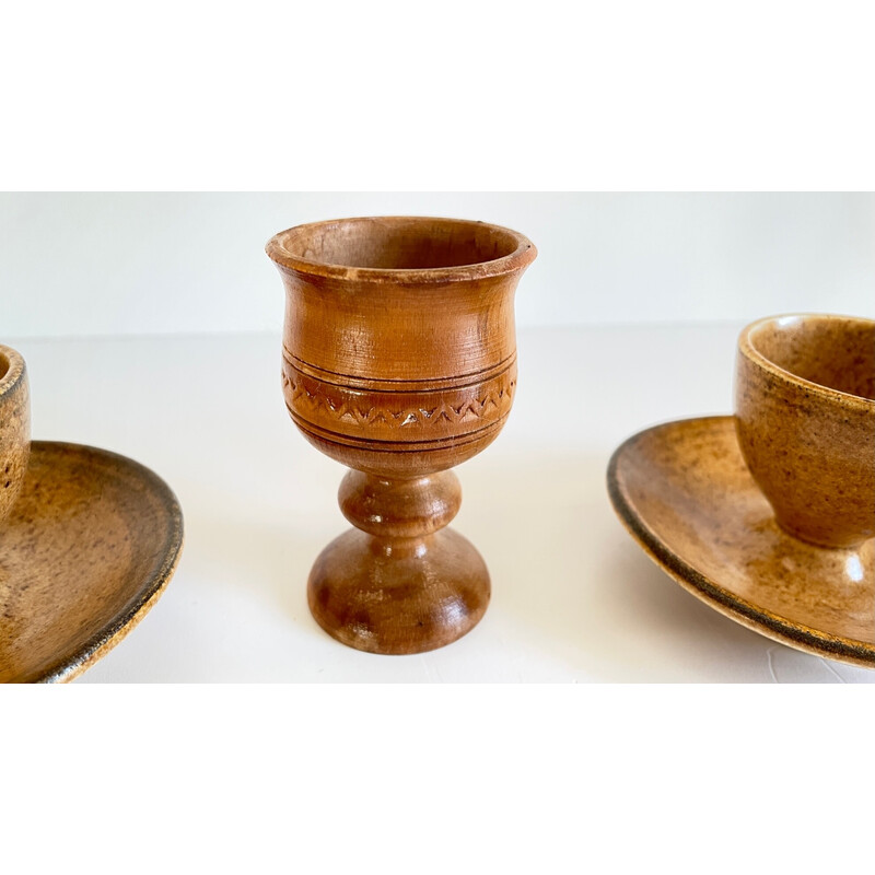 Set di 3 portauovo vintage in ceramica e legno