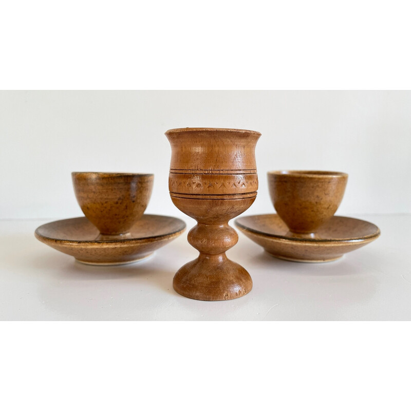 Set of 3 vintage ceramic and wood egg cups