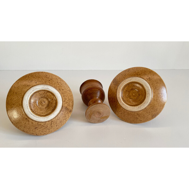 Set of 3 vintage ceramic and wood egg cups