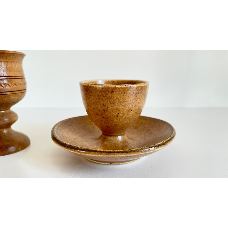 Juego de 3 hueveras vintage de cerámica y madera