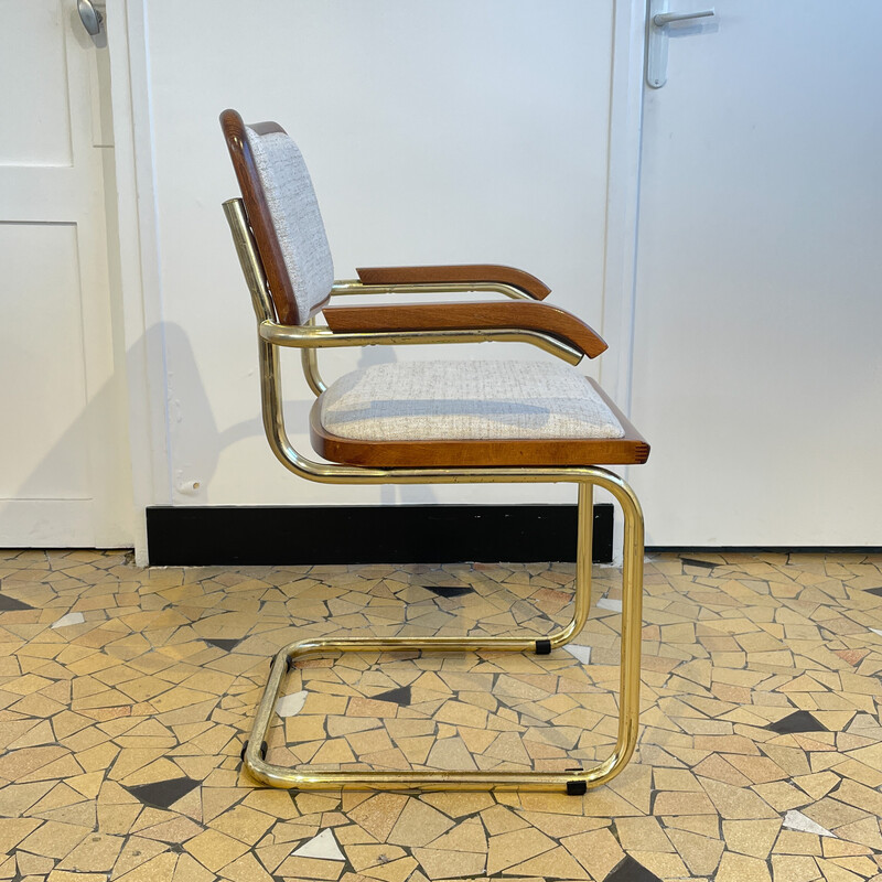 B64 vintage stoel in gevlekte stof met armleuningen