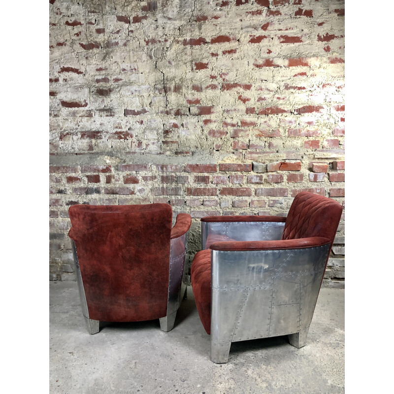 Paar vintage "Carlingue" clubfauteuils van verchroomd aluminium en nubuck, 1990