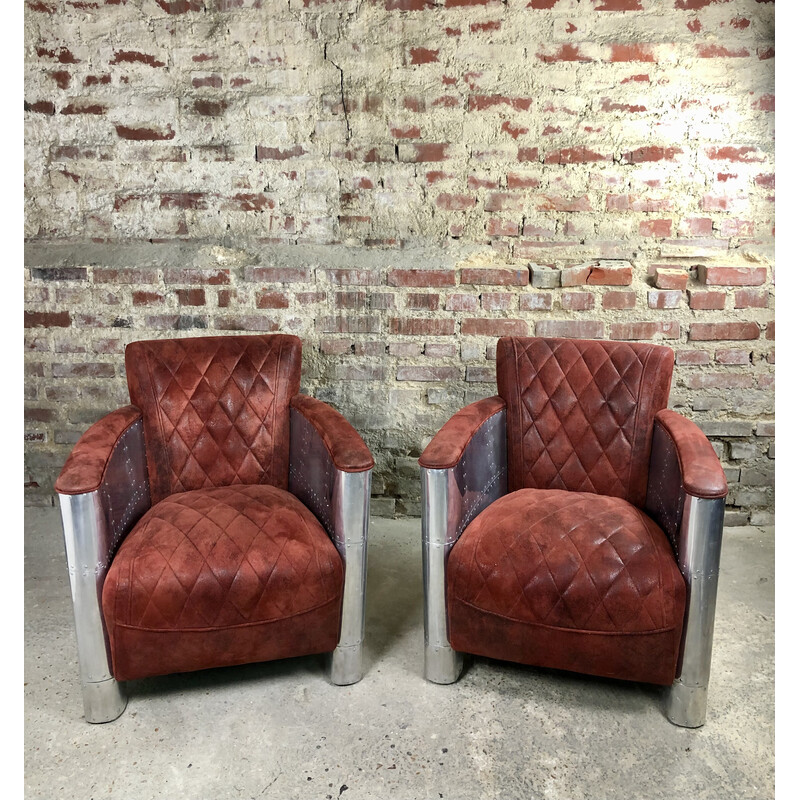 Pair of vintage "Carlingue" club chairs in chromed aluminum and nubuck, 1990