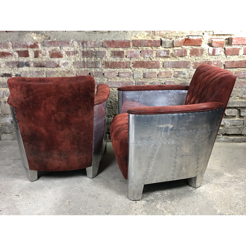 Par de cadeiras de clube "Carlingue" vintage em alumínio cromado e nubuck, 1990