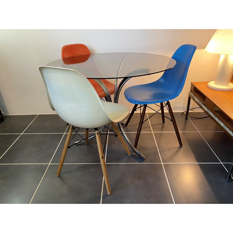 Vintage round table in smoked glass and chrome structure, 1970