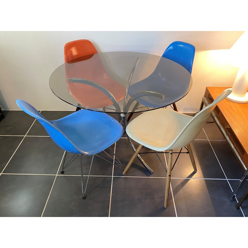 Vintage round table in smoked glass and chrome structure, 1970