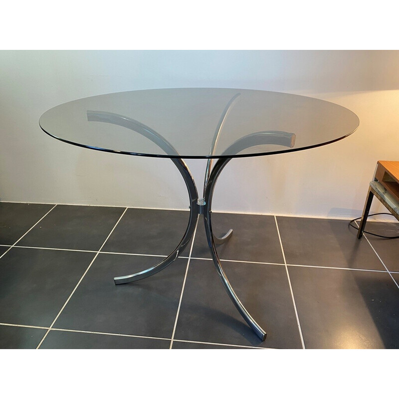 Vintage round table in smoked glass and chrome structure, 1970