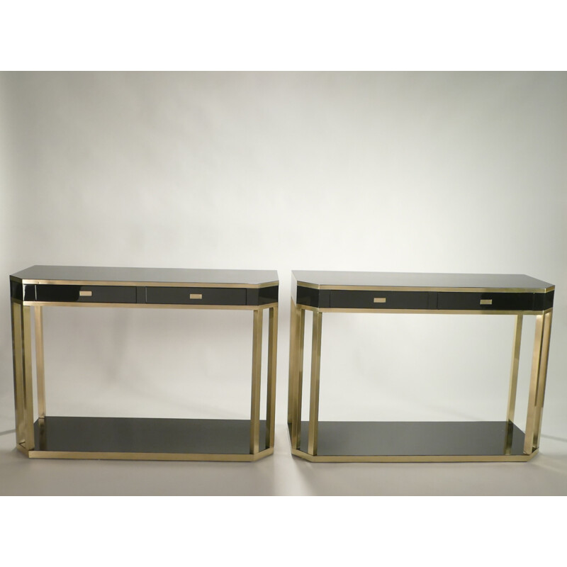 Pair of console tables in black lacquered metal and brass, Jean Claude MAHEY - 1970s