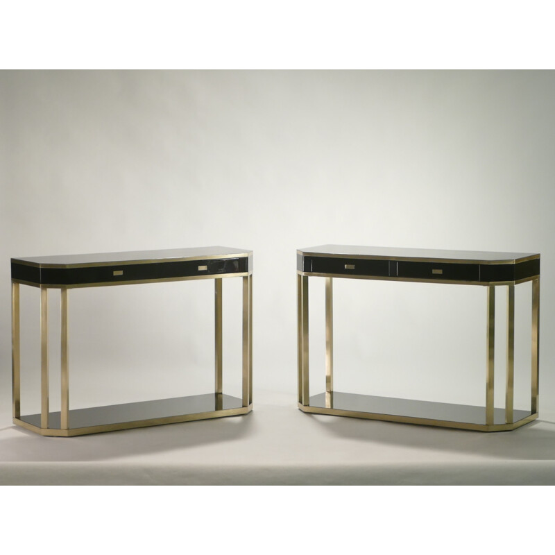 Pair of console tables in black lacquered metal and brass, Jean Claude MAHEY - 1970s