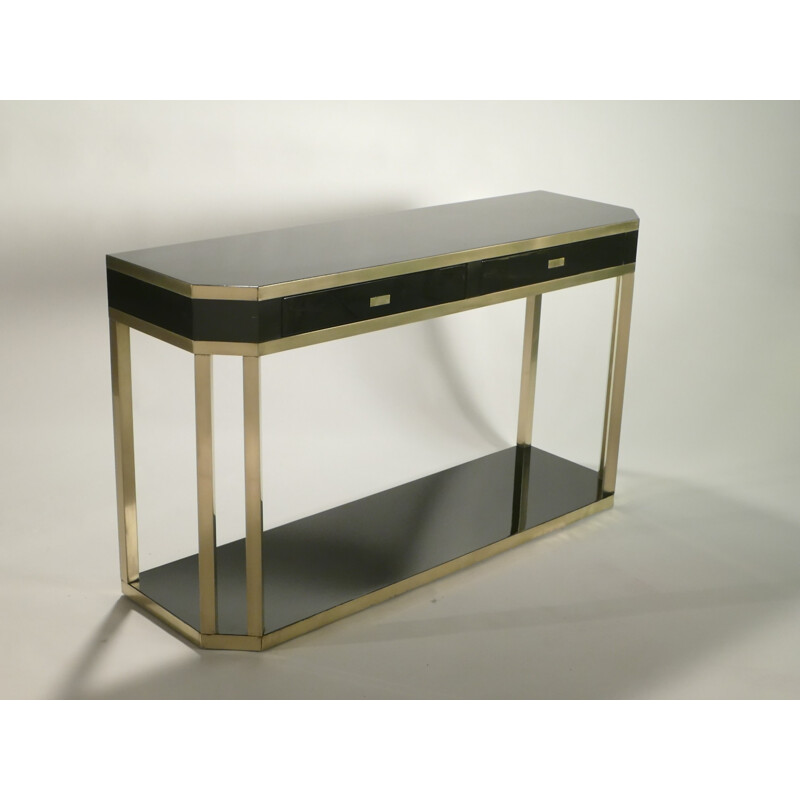 Large console table in black lacquered metal and brass, Jean Claude MAHEY - 1970s