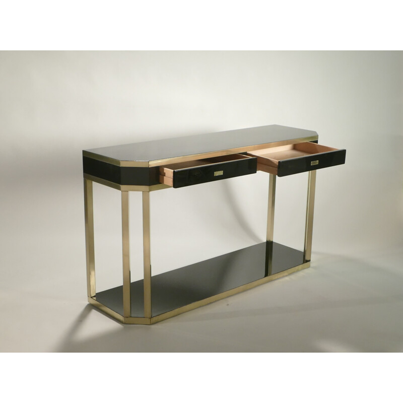 Large console table in black lacquered metal and brass, Jean Claude MAHEY - 1970s